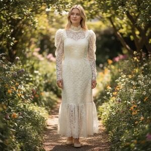 VTG 90s Wedding Dress Womens 6-8 White Lace Maxi Mermaid High Neck Custom Y2K